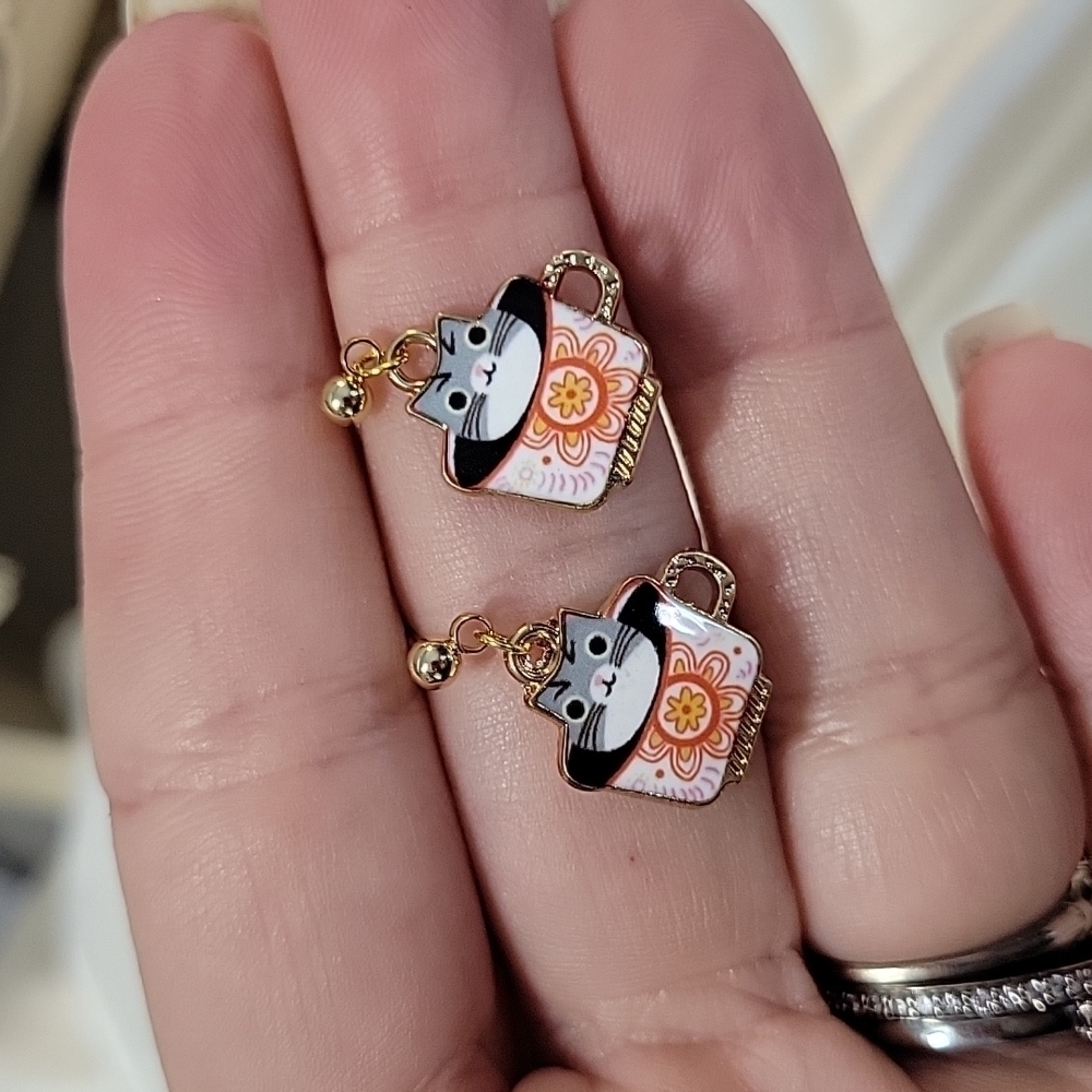Dainty Kitten in a Teacup Drop Earrings